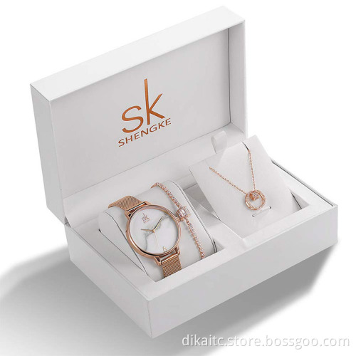 SK Luxury New Women's Fashion Jewelry Gift Set with Bracelet Necklace Luxury Quartz Watch Set Christmas Present for Women Gift